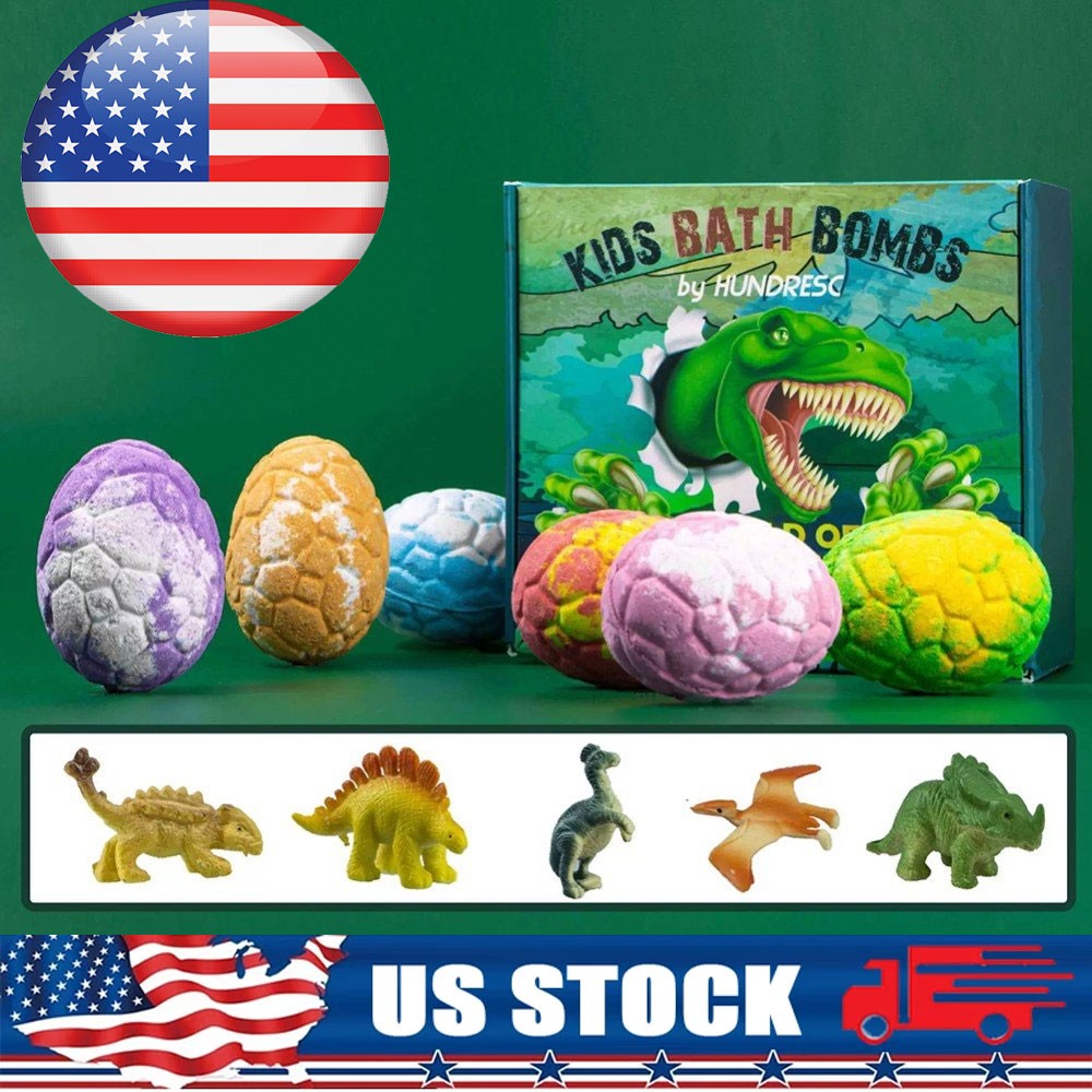 Dinosaur Bath Bombs for Kids with Surprise Inside, 6 Pack Natural Dino Egg Bath