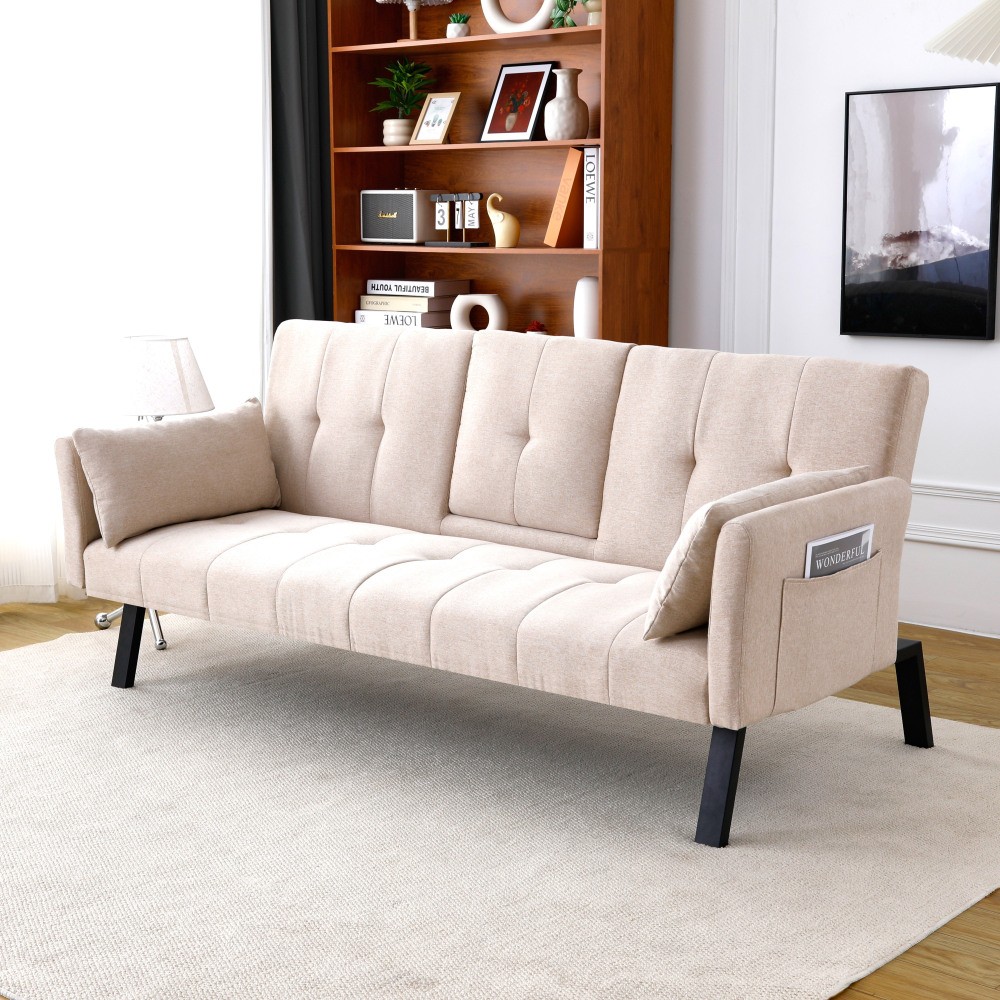 70" Cotton Linen Sofa Bed, Foldable Sofa w/Cup Holder& Storage,Multi-Functional