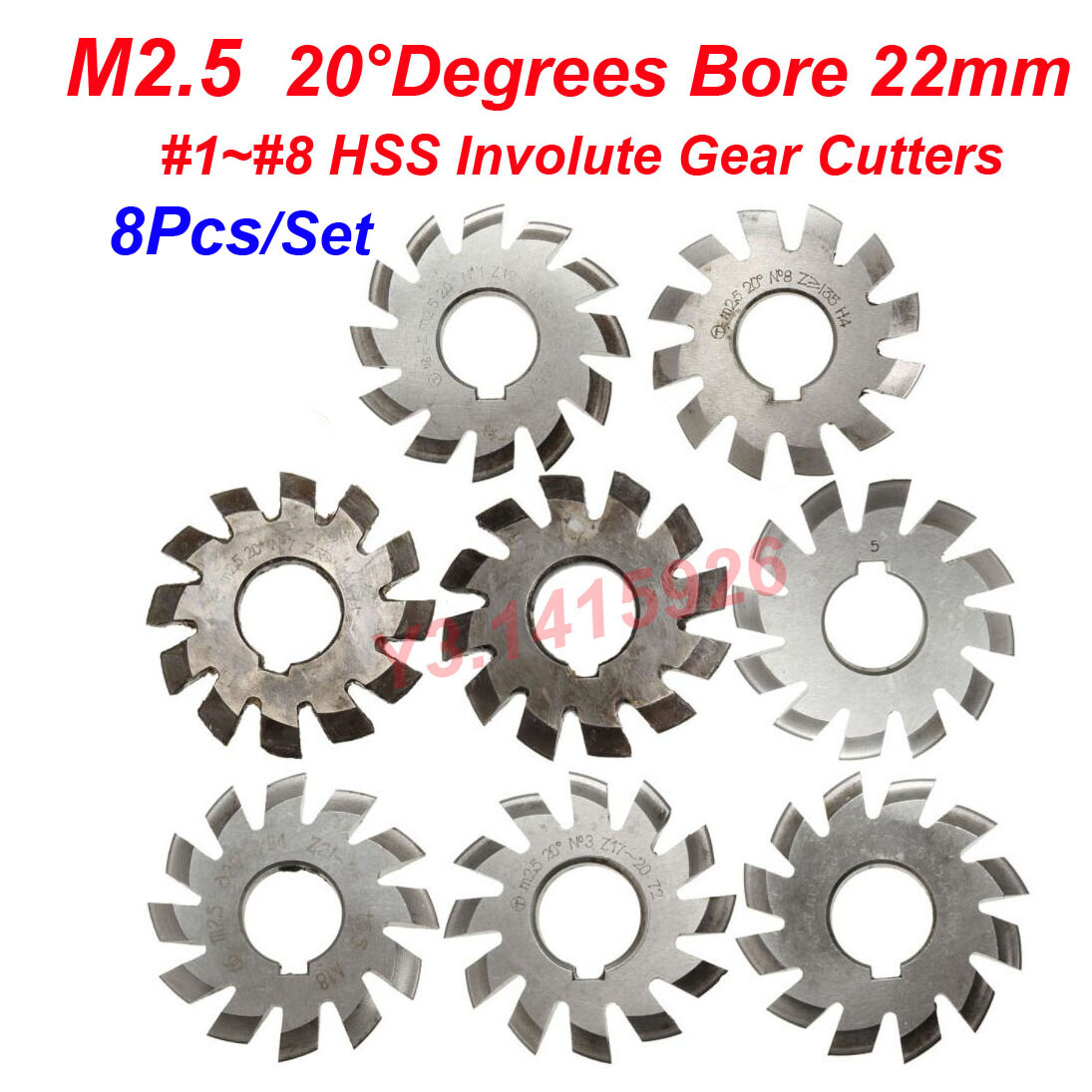 8Pcs/Set HSS M2.5 Bore 22mm PA 20°Degree #1#2#3#4#5#6#7#8 Involute Gear Cutter