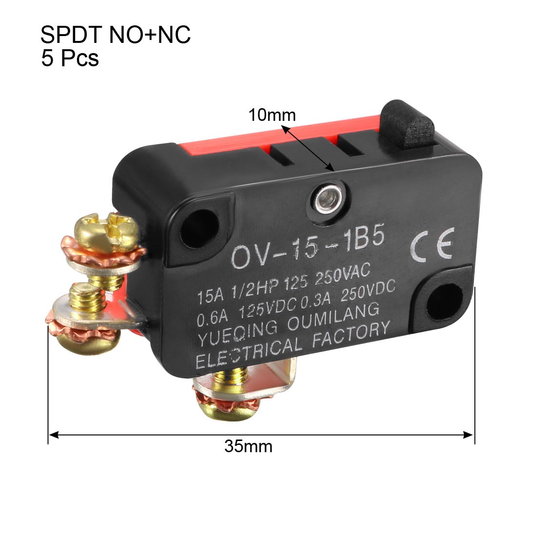 5PCS 15A 125/250V AC SPDT NO+NC Snap Button Type MicroSwitch with Screw Terminal