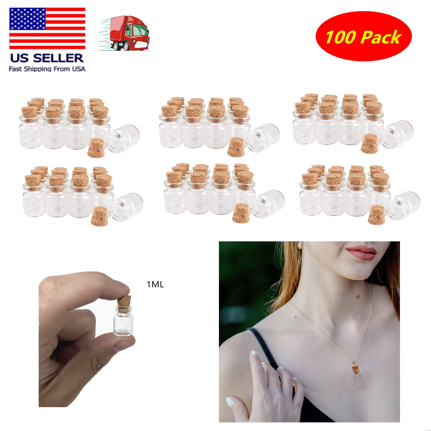 100PCS Small Bottles 1ml 13x18mm Clear Cork Vials Glass Bottles Wishing Bottle