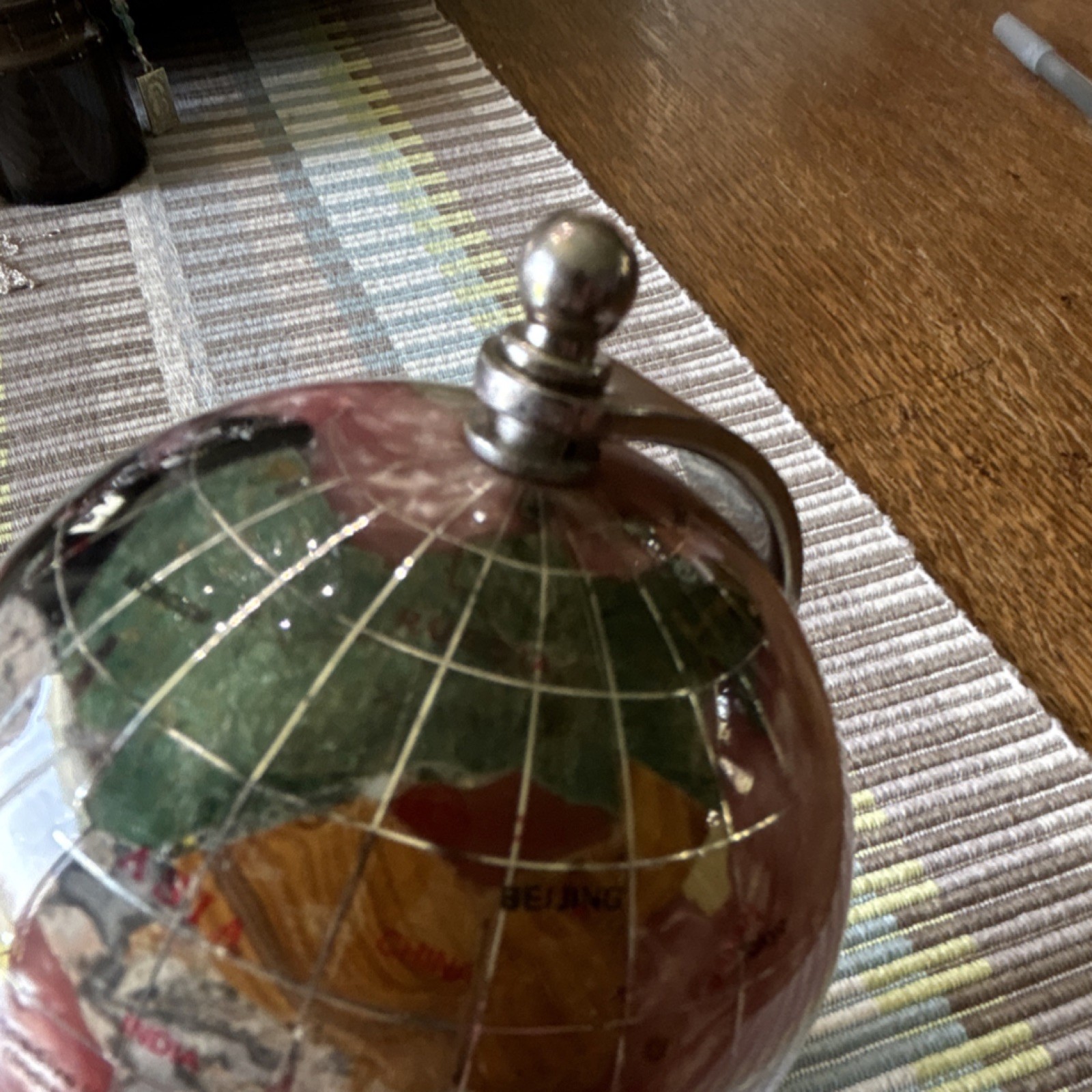 Gemstone Decorative Tabletop Globe Multicolor Metallic Base 5in Small Rotating