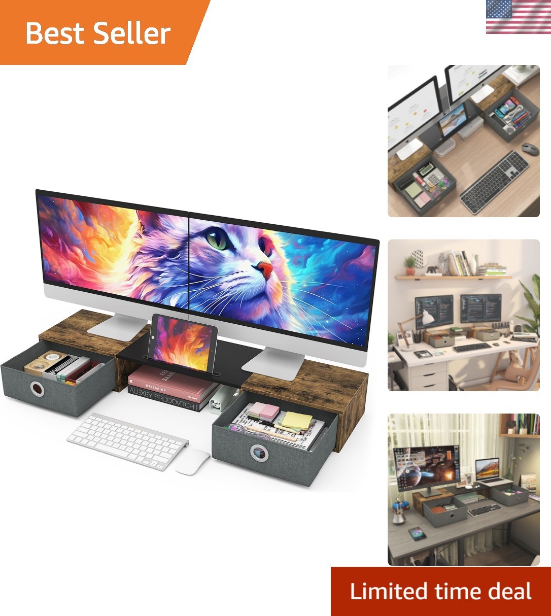 Sturdy 2-Drawer Dual Monitor Riser - Extra Large Desk Organizer for Home Office