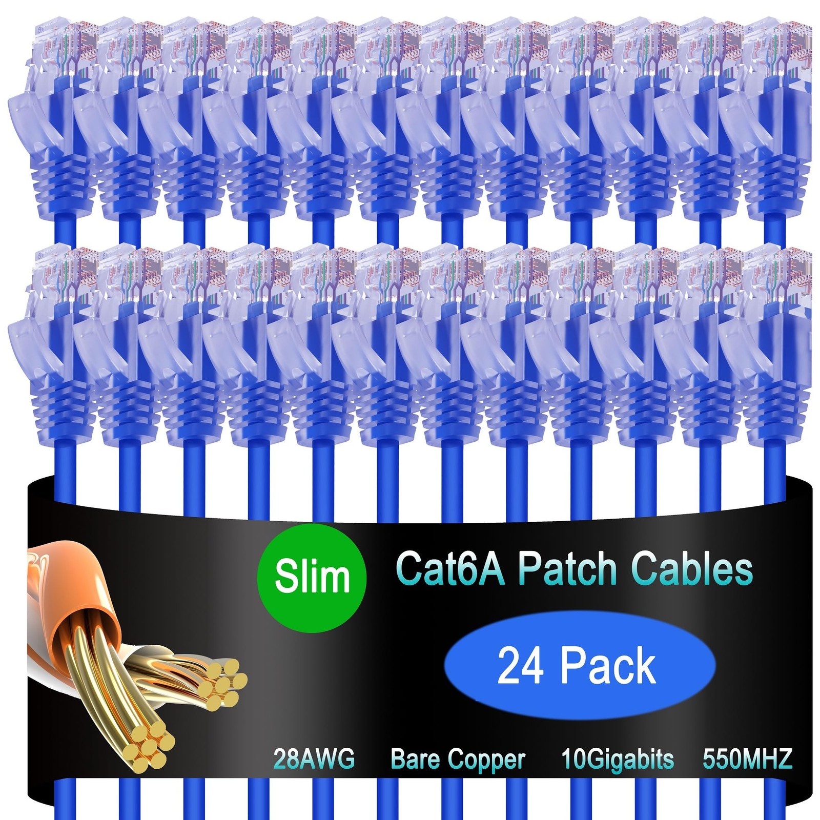 Lysymixs Cat6a Slim Ethernet Patch Cable 1 ft (24 Pack), 1ft, Blue
