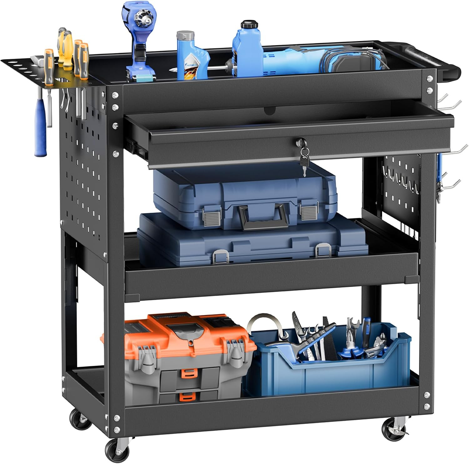 Rolling Tool Cart, Heavy Duty Utility Cart on Wheels, Industrial Mechanic Carts