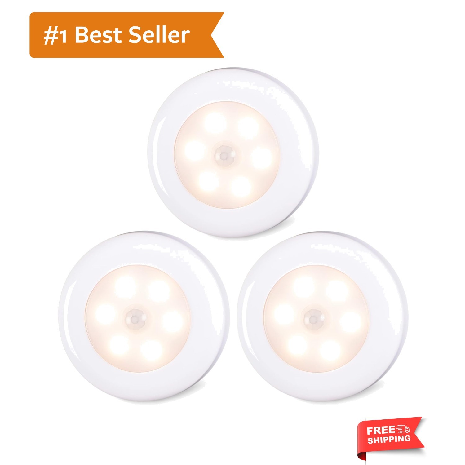 3 Pack 2.8” Motion Sensor Lights Indoor AAA Battery Operated, Stick on LED Pu...