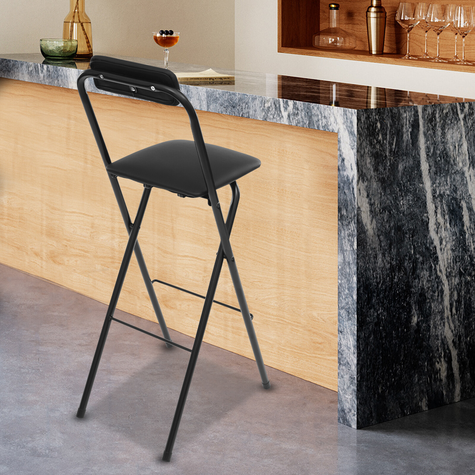 Black Padded Folding High Back Chair Breakfast Kitchen Bar Stool Foldable Seat