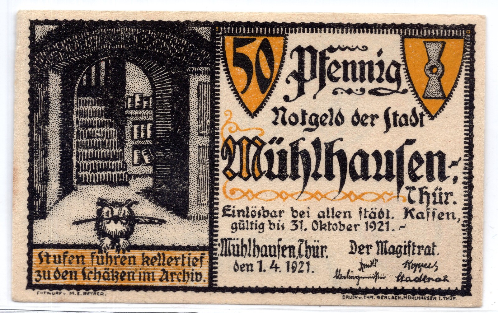 1921 Germany Muhlhausen Notgeld 50 Pfennig Note (2919)