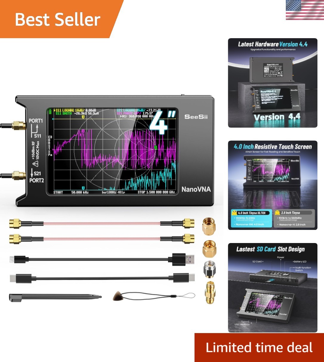 Upgraded NanoVNA-H4 Vector Network Analyzer, Latest V4.4 9KHz-1.5GHz HF VHF U...