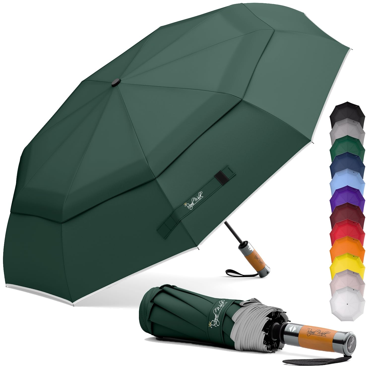 Windproof Folding Travel Umbrella Compact and Strong Luxurious Real Wood Hand...