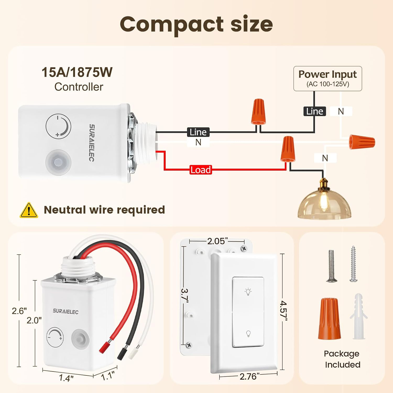 SURAIELEC Dimmer Light Switch Kit, Wall Switch Remote & Receiver, Single Pole, N