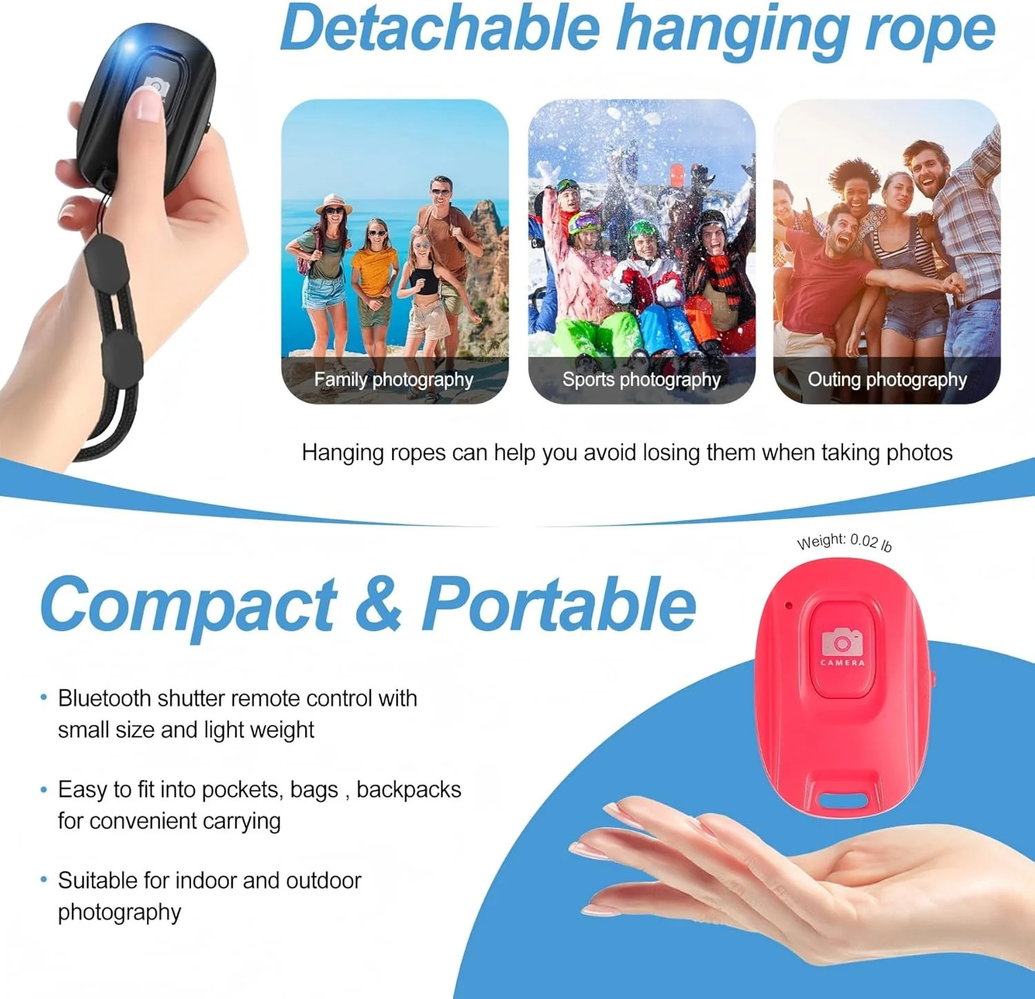 New Bluetooth Camera Remote Shutter for iPhone and Android Smartphones,Rechargea