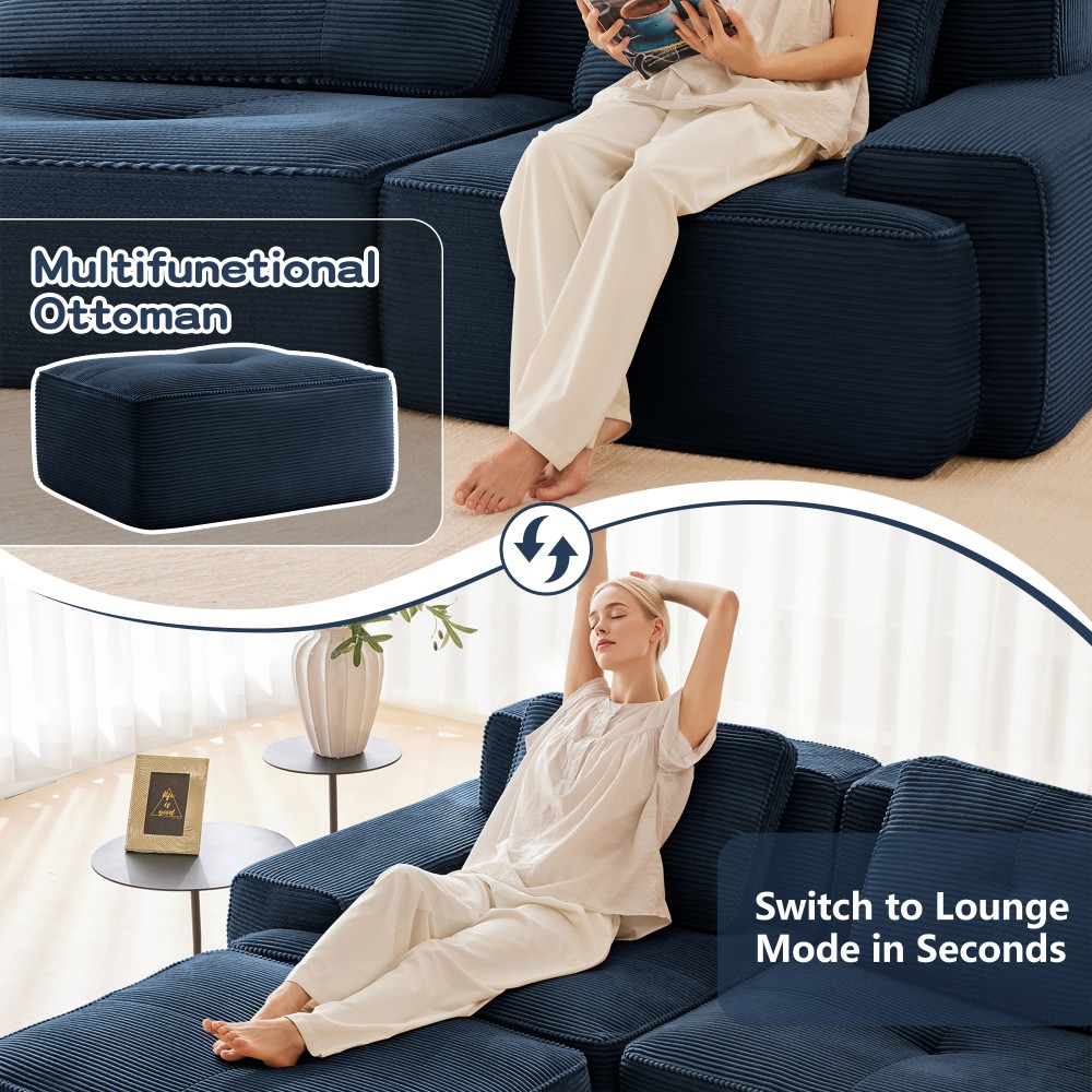 117" Modular Sectional Sofa w/ Tufted Design, Corduroy Fabric, Deep Seat, Blue