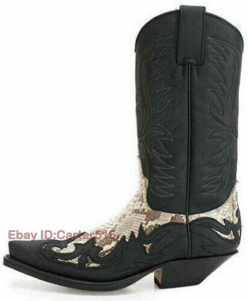 Mens Retro Embroidered Mid Calf Western Cowboy Color Stitching Boots Shoes Sz