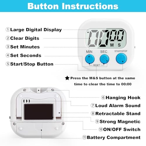 6 Pack Digital Kitchen Timer Multi White-2pcs & Blue-2pcs & Pink & Green