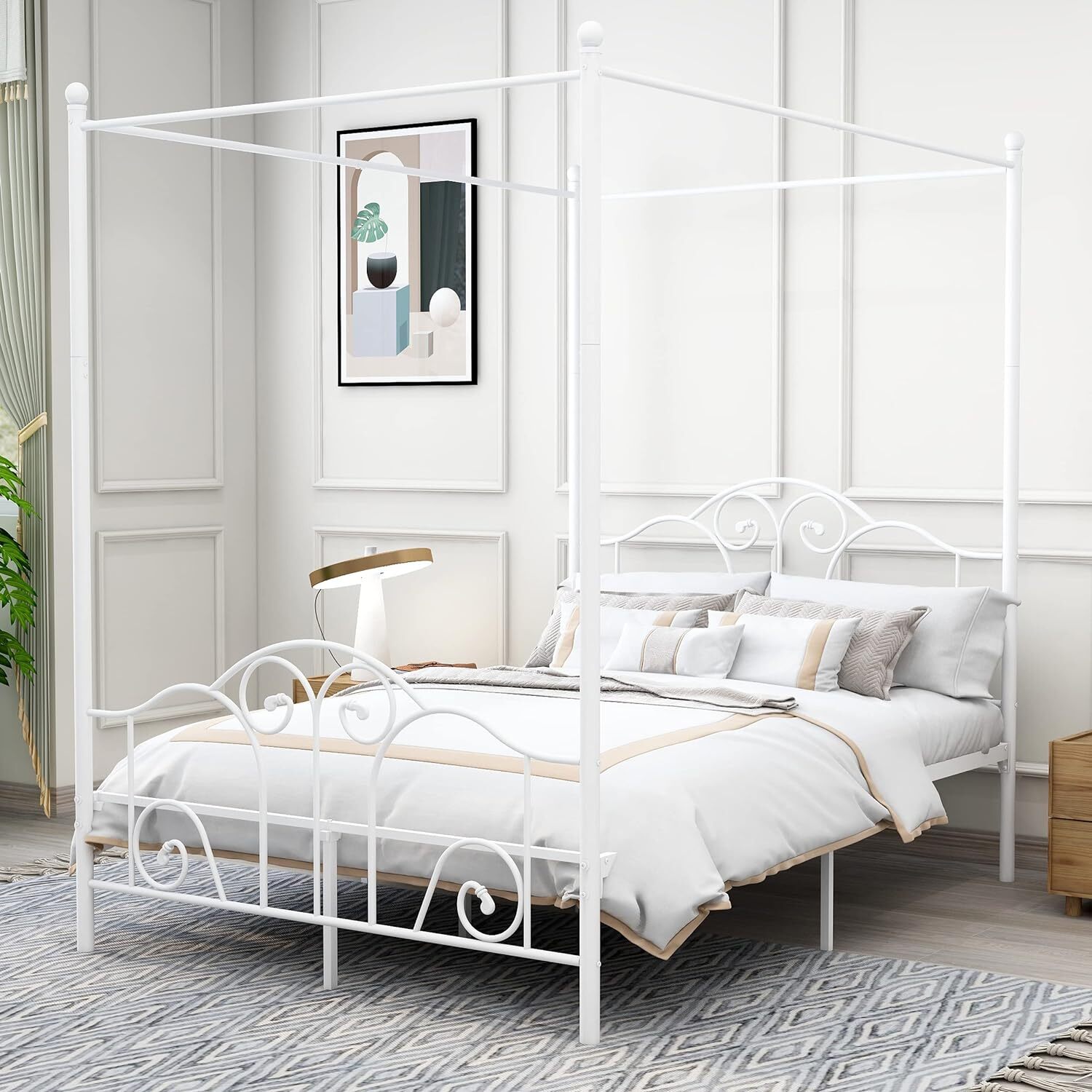 Canopy bed frame Four-poster metal platform Easy assembly / White / Black / Gold