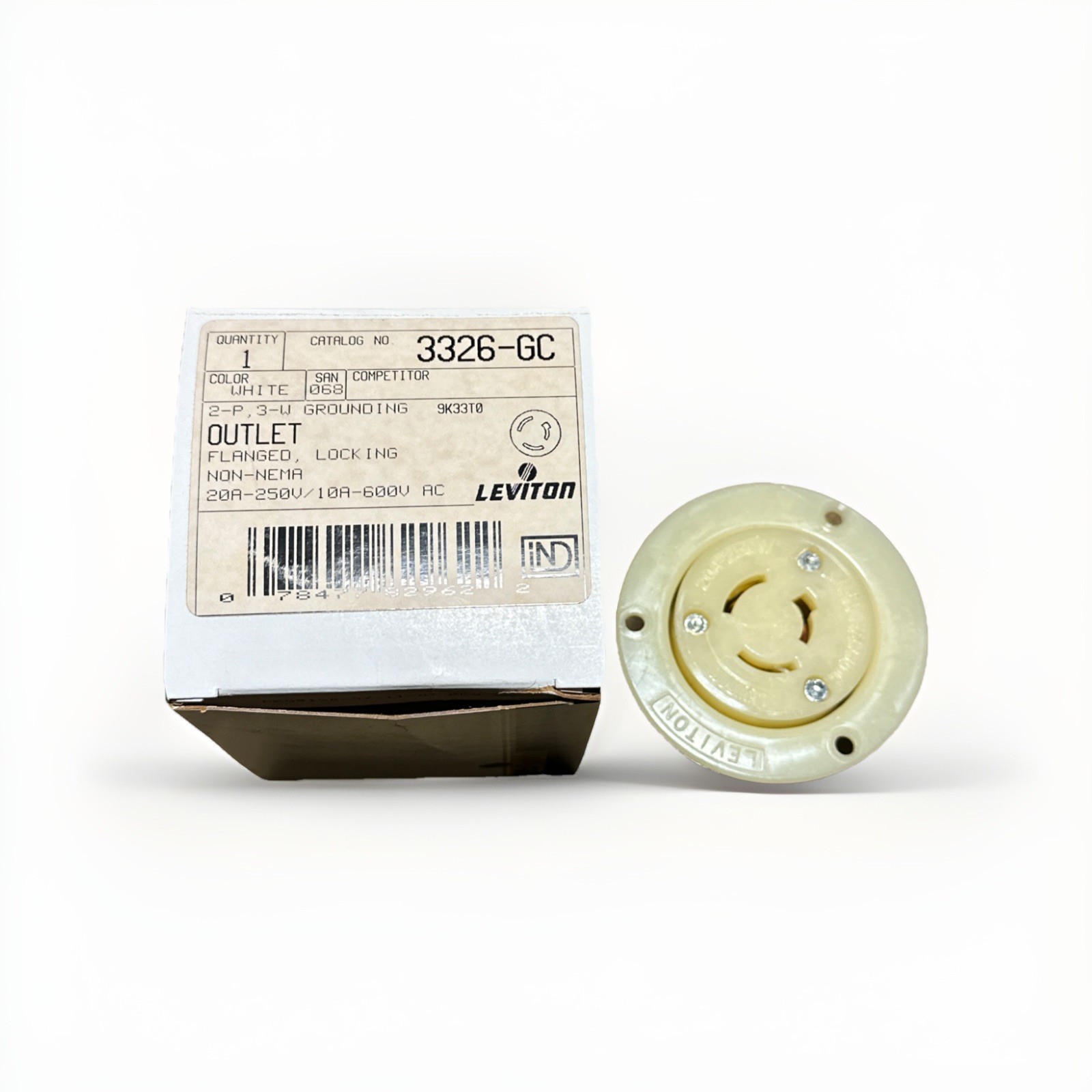 🔴Leviton 3326-GC 2P Flanged Locking Grounding Outlet 20A 250V/ 10A 600V‼️White