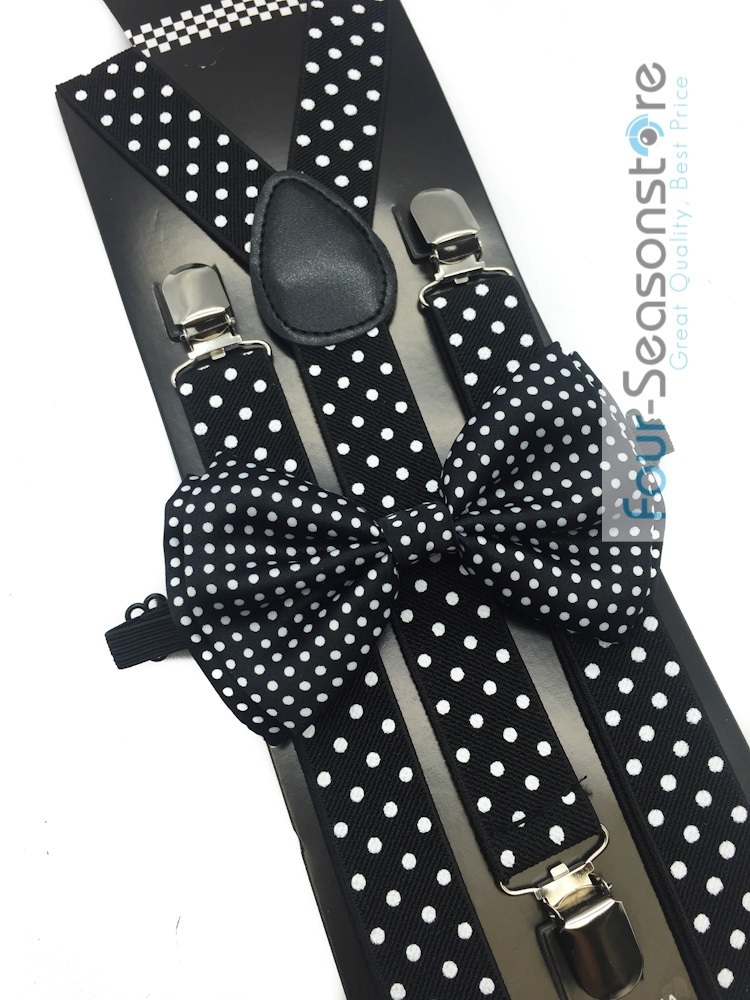 Black w/ Small White Dot Bow Tie And Suspender Matching Set Tuxedo Wedding Party