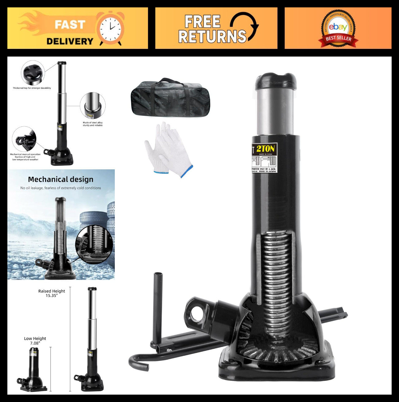 2 Ton Car Jack & Jack Stand Combo, 4000 lb Capacity, Off-Road Tire Lift (7.08"-1