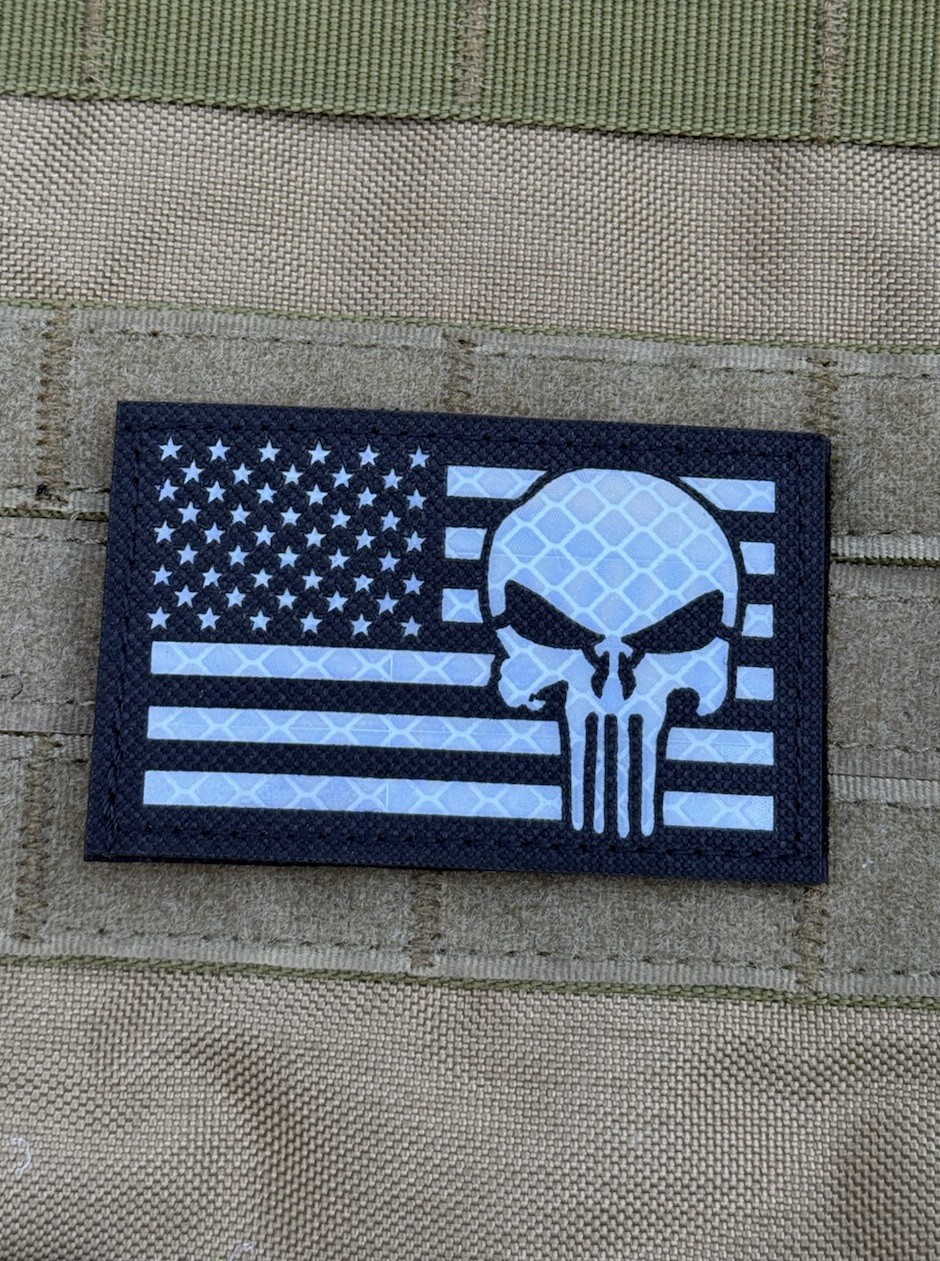 Punisher Skull IR Reflective USA Flag Patch tactical laser Hook Loop White