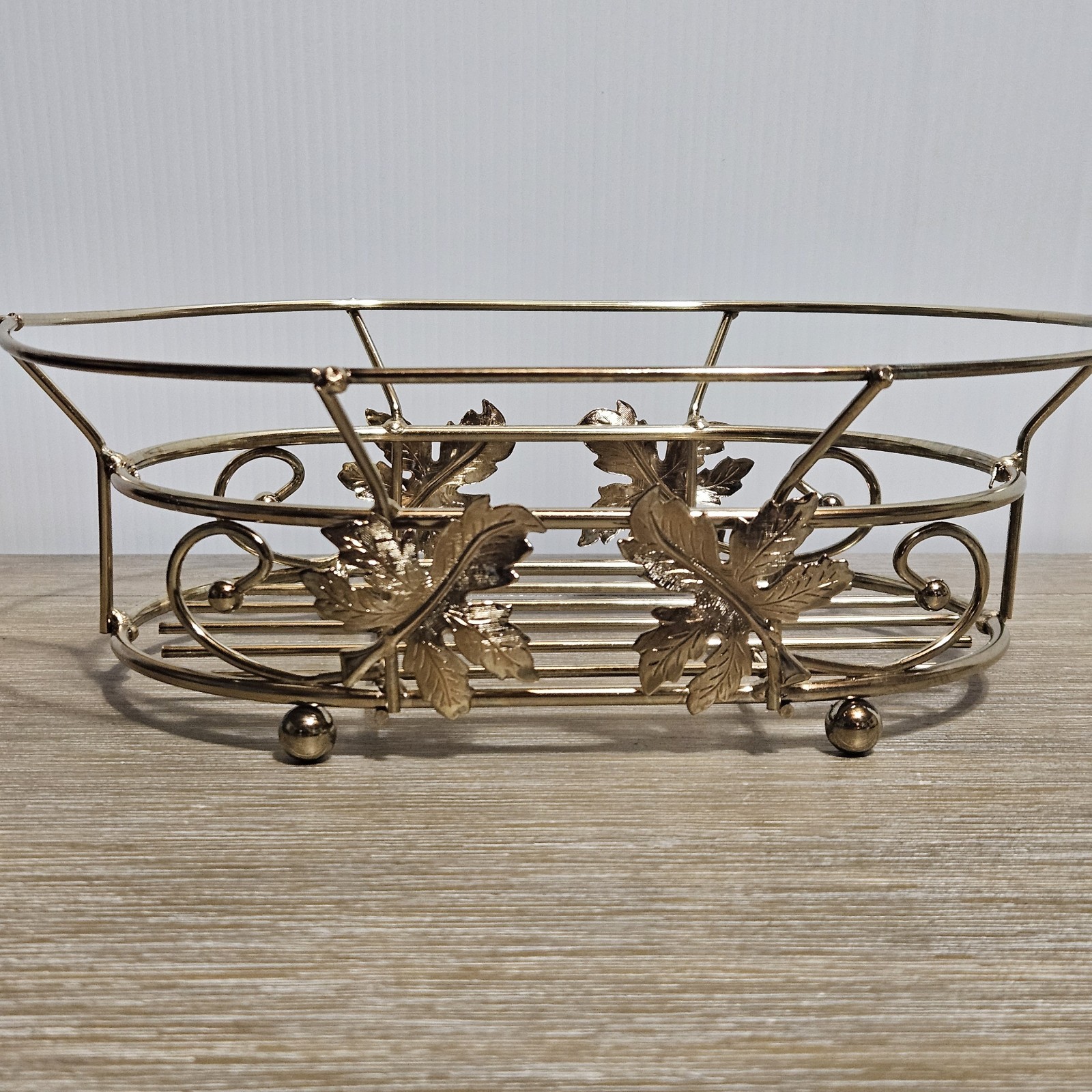 Decorative Gold Tone Wire Basket with Leaves on Sides 10.75" X 7.5"