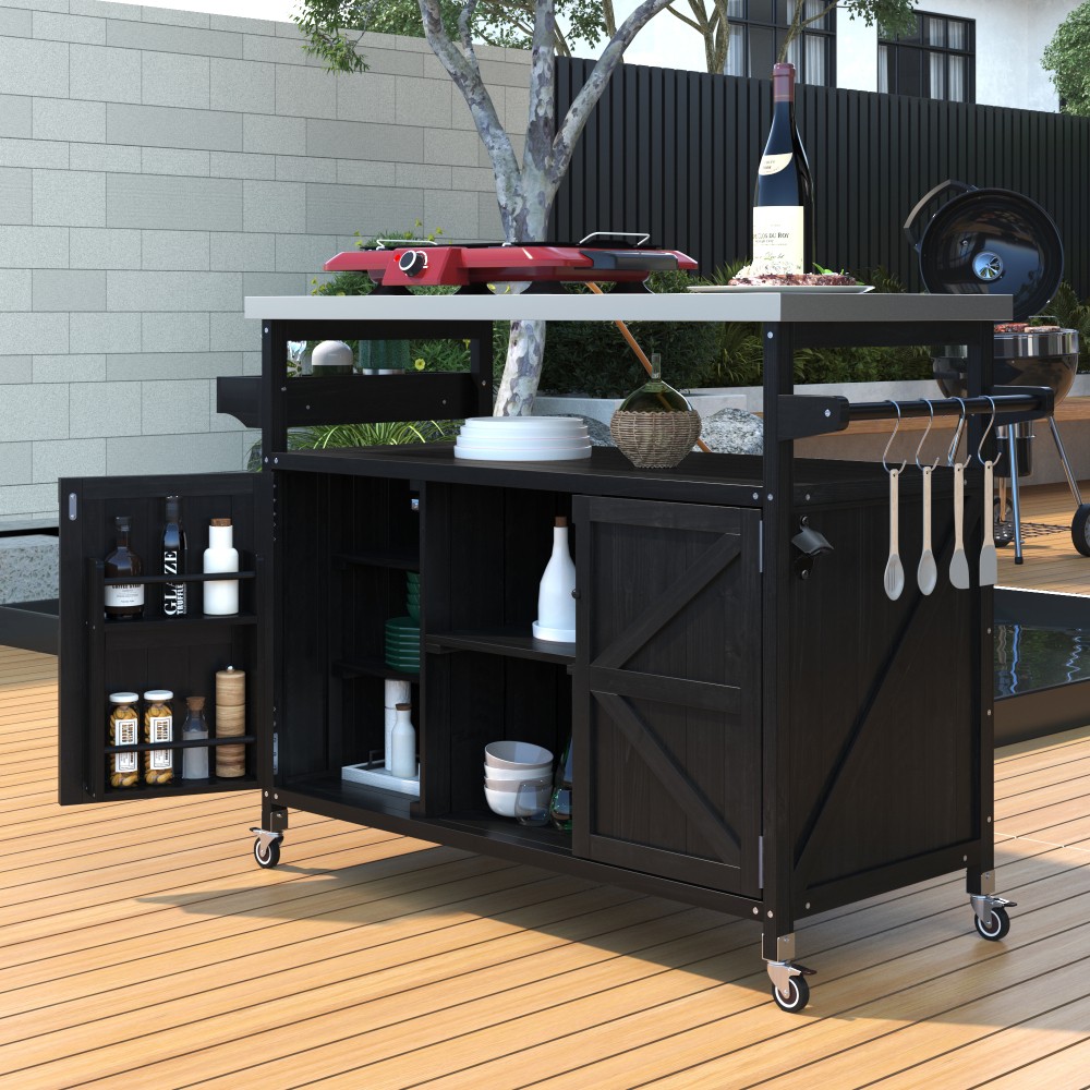 Rolling Bar Cart Storage Cabinet Solid Wood Grill Table W Stainless Steel Top