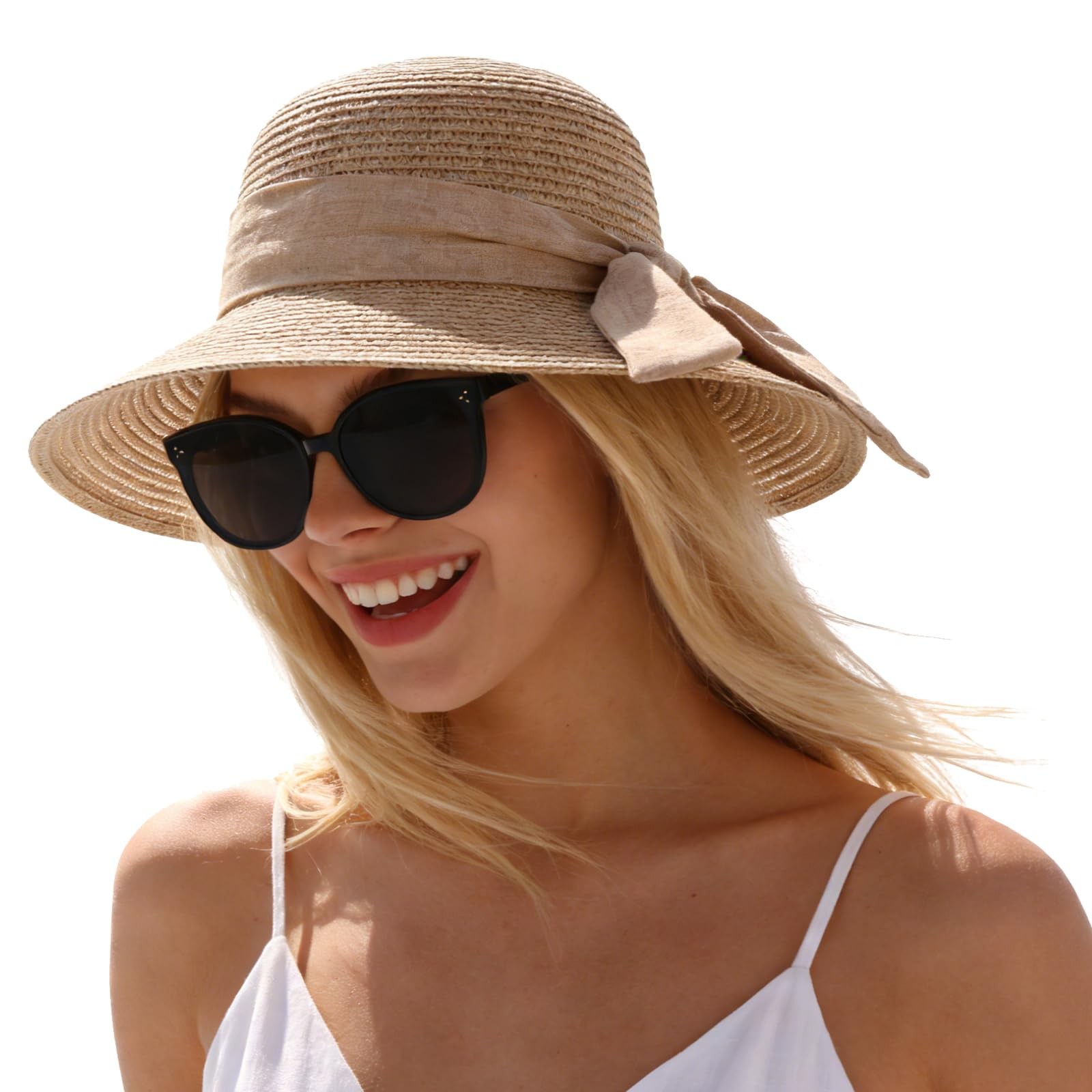 Womens Wide Brim Straw Hat, Summer Beach Sun Hats, Foldable Travel Bucket Hat...