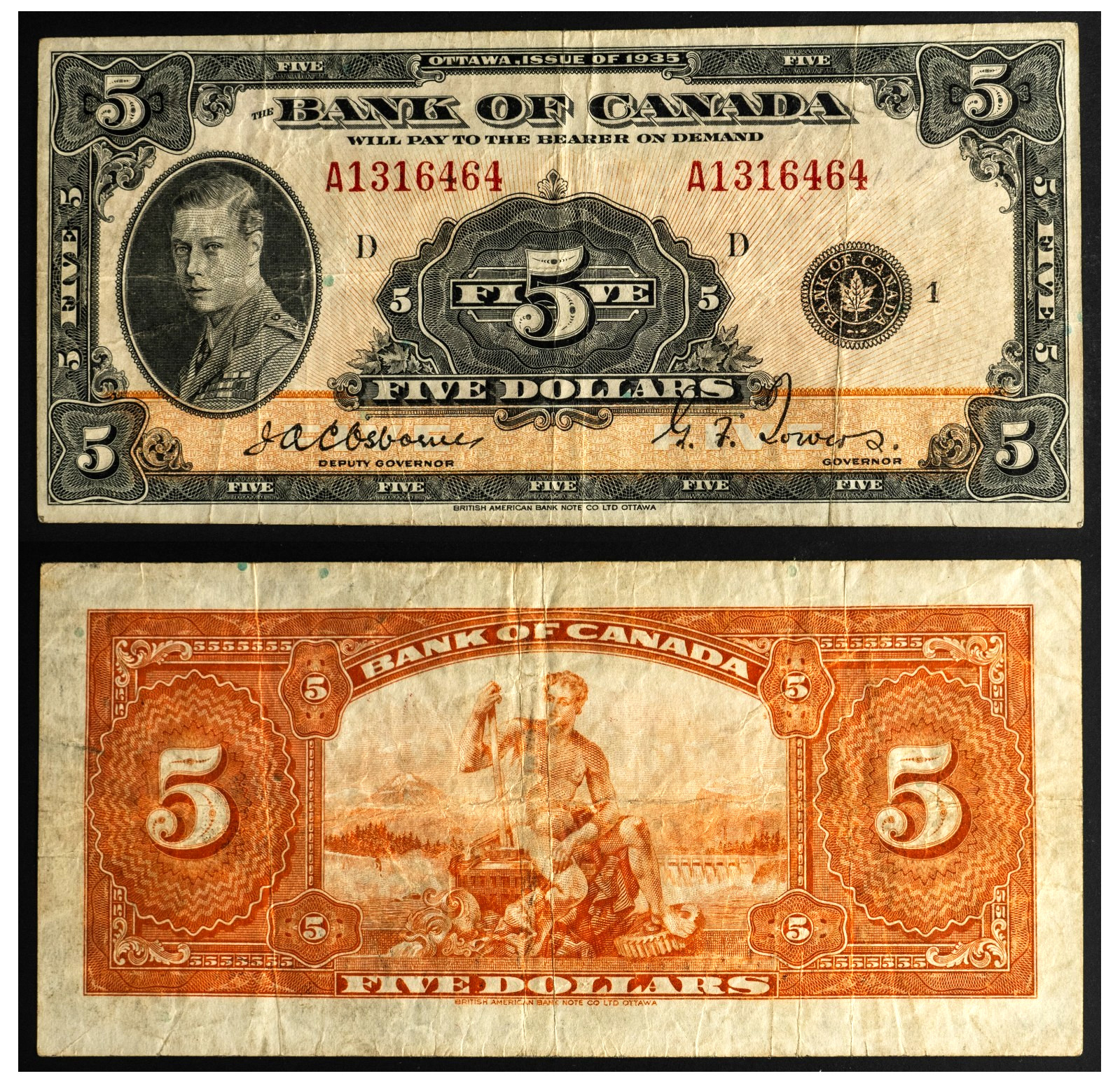 Bank of Canada 1935 A 5 Dollars, English, F-VF BC-5