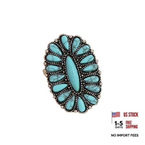 Bohemian Vintage Turquoise Oval Flower Rings Geometric Ethnic Natural Stone