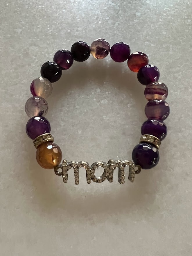 NEW! Handmade Faceted Flourite Stone Mom Charm Beaded Stretchy Bracelet