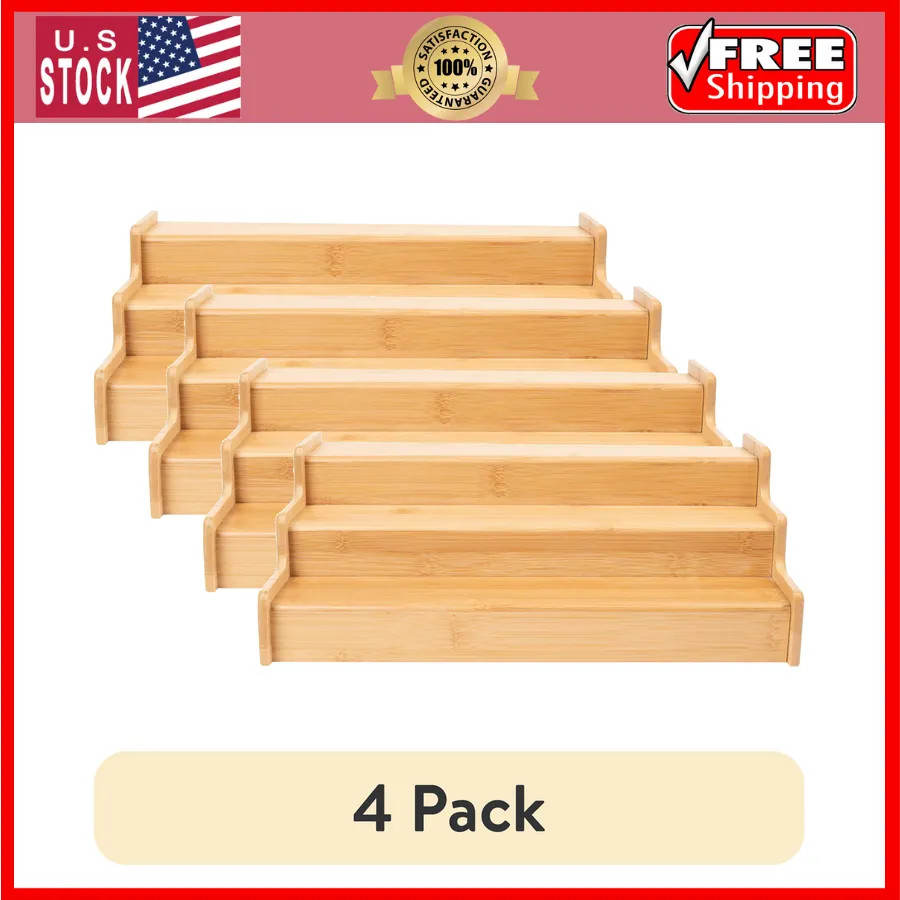 4 Pack Bamboo Expandable Spice Rack 3 Tier Adjustable Kitchen Organizer 12-22 in