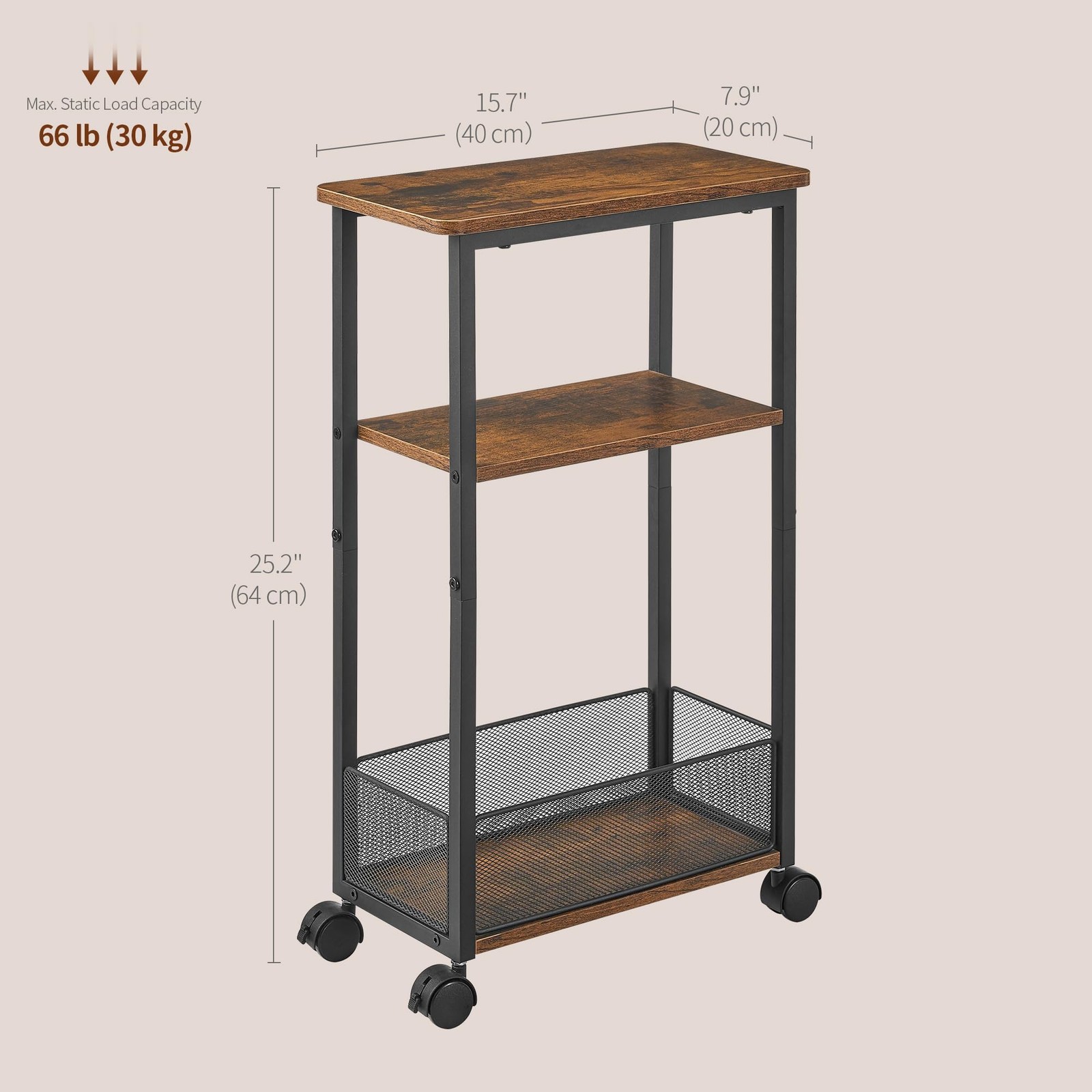 Side Table with Wheels of 2, Narrow Side Table with 3-Layer Storage Shelves, ...
