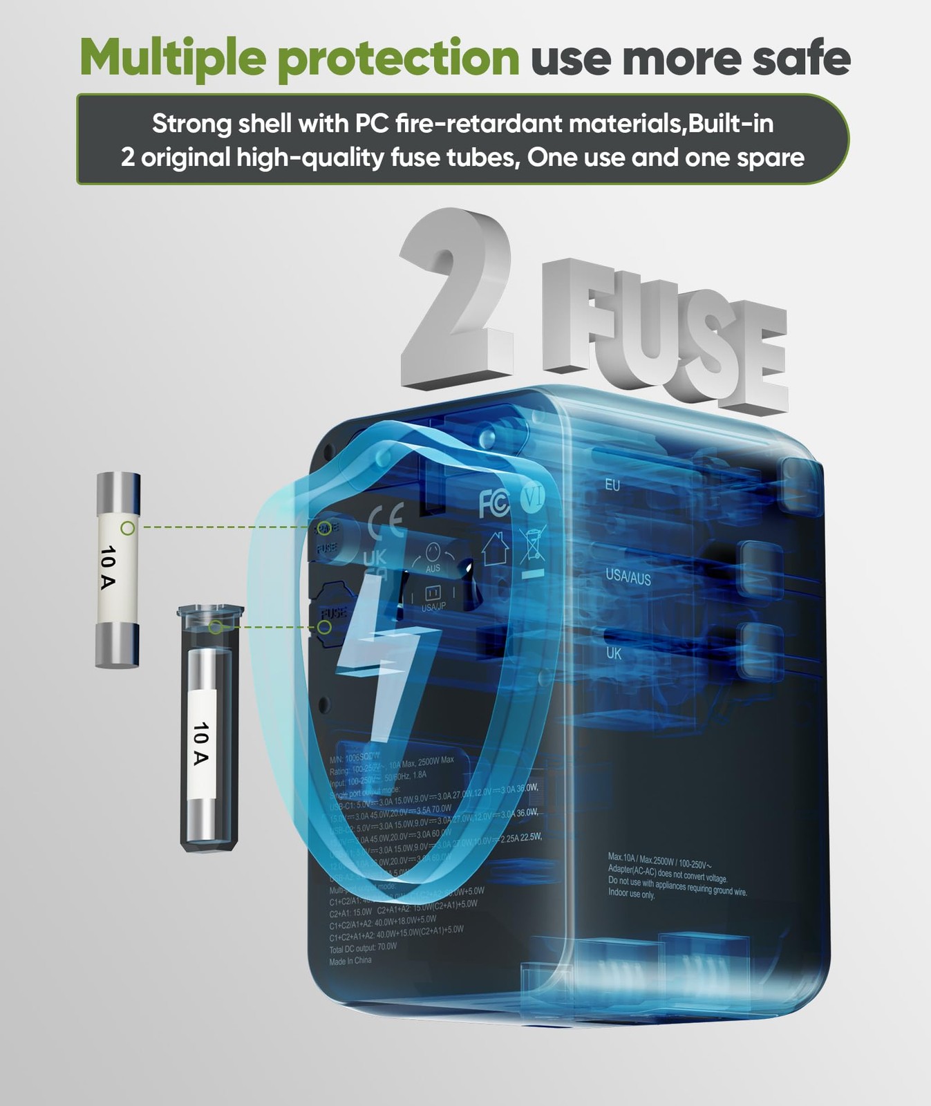 70W GaN Universal Travel Adapter with Retractable USB-Cable, Fast Wall Charge...