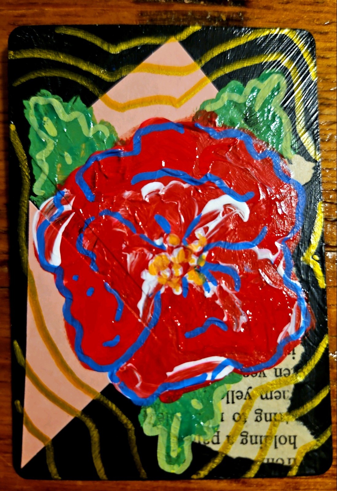 ACEO Art Card Original Acrylic & Collage Flower 2.5in x 3.5in Expressed Jess Art
