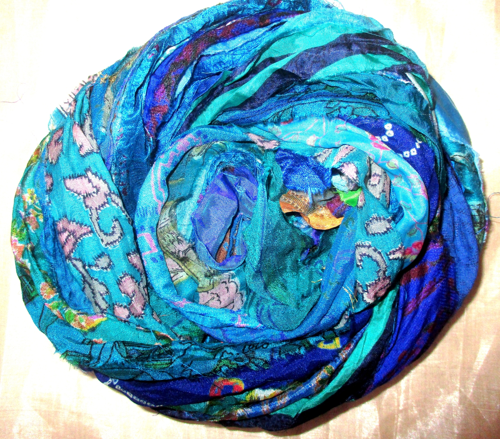 @ 12 yards Unstitched Recycled ART SILK BLEND Sari Ribbon AQUA Skeins