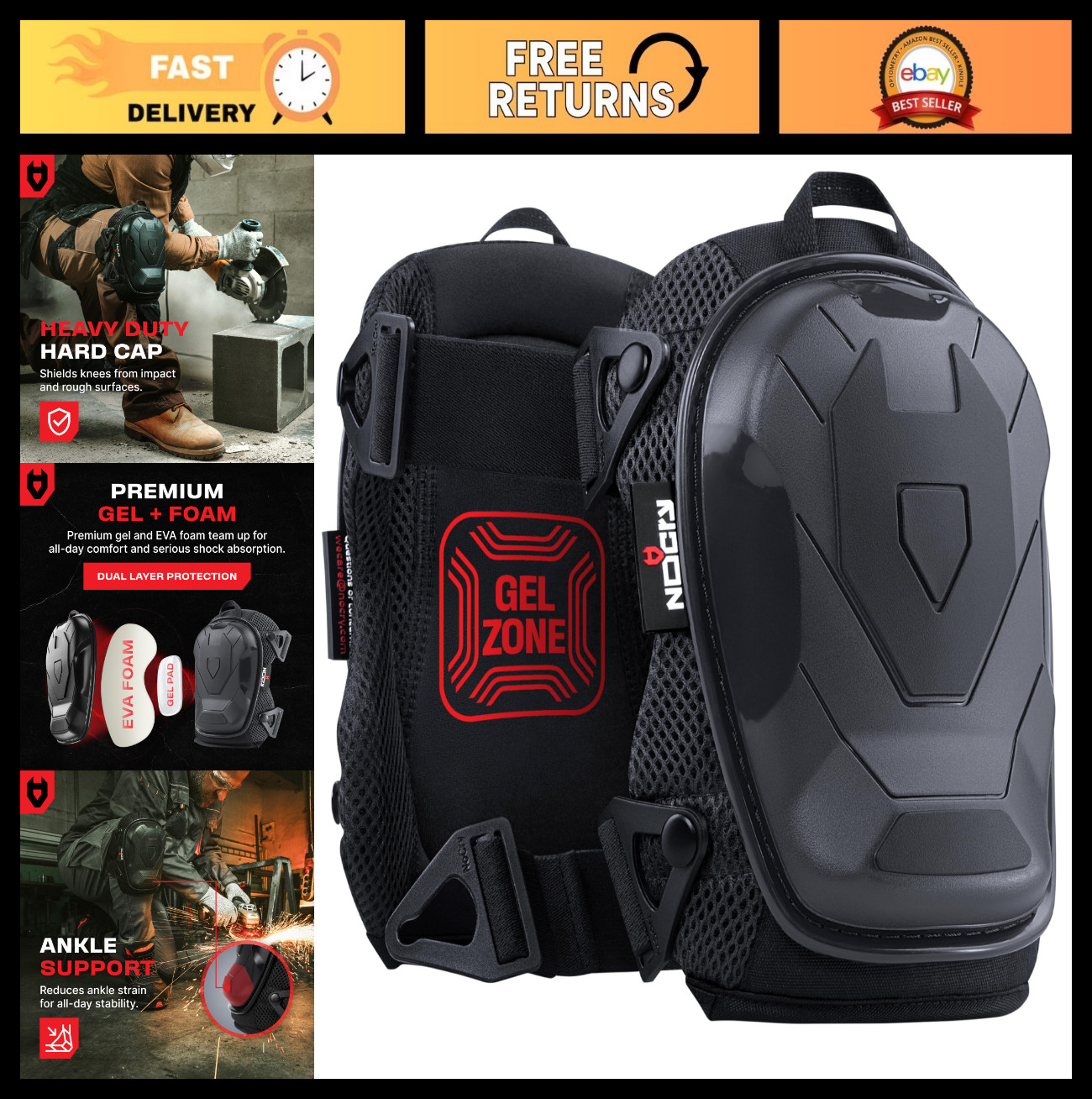 Heavy Duty Construction Knee Pads with Non-Slip Cap, Ankle Support, Foam & Gel C