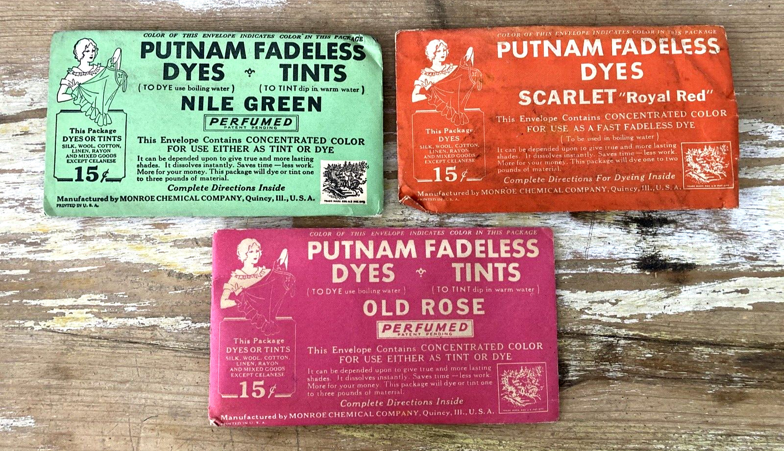 Vintage Putnam Fadeless Dyes 3 packages Old Rose pink Scarlet Nile green 1920's