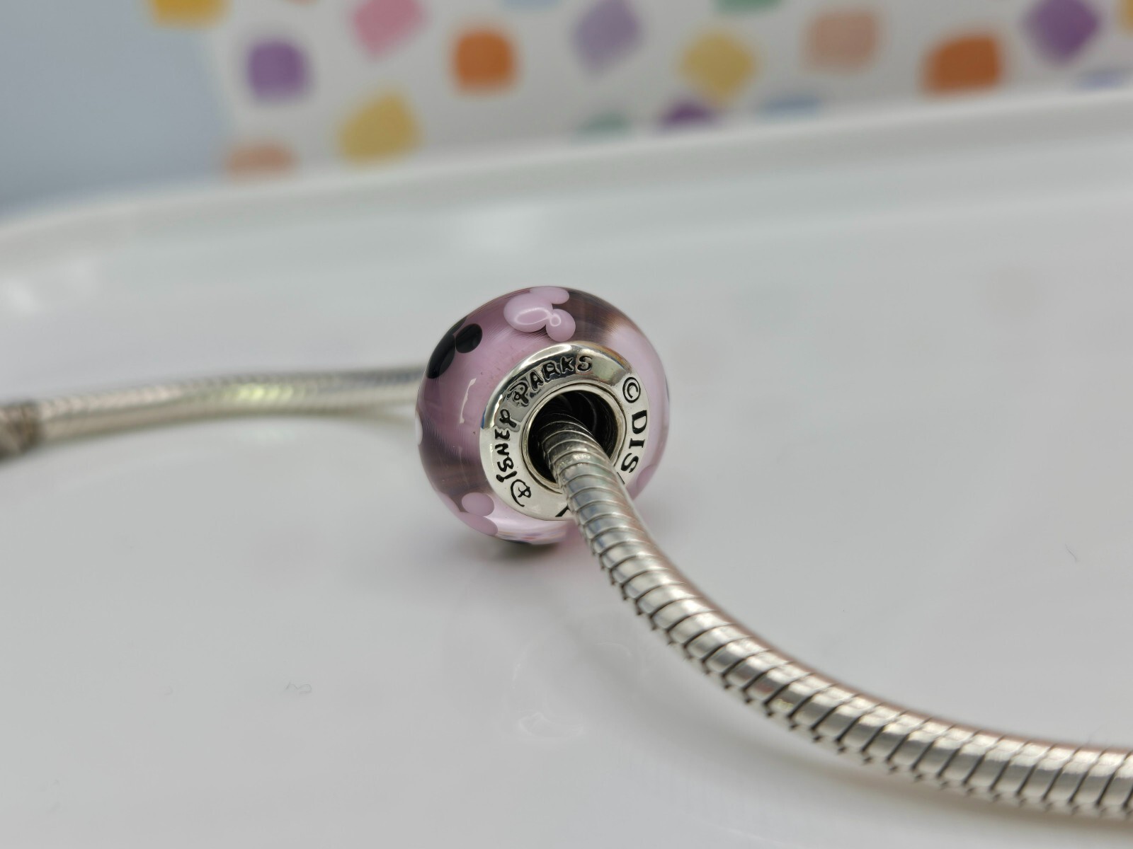 Authentic Pandora Disney Mickey Mouse Parks Pink Icon Murano glass Silver Charm