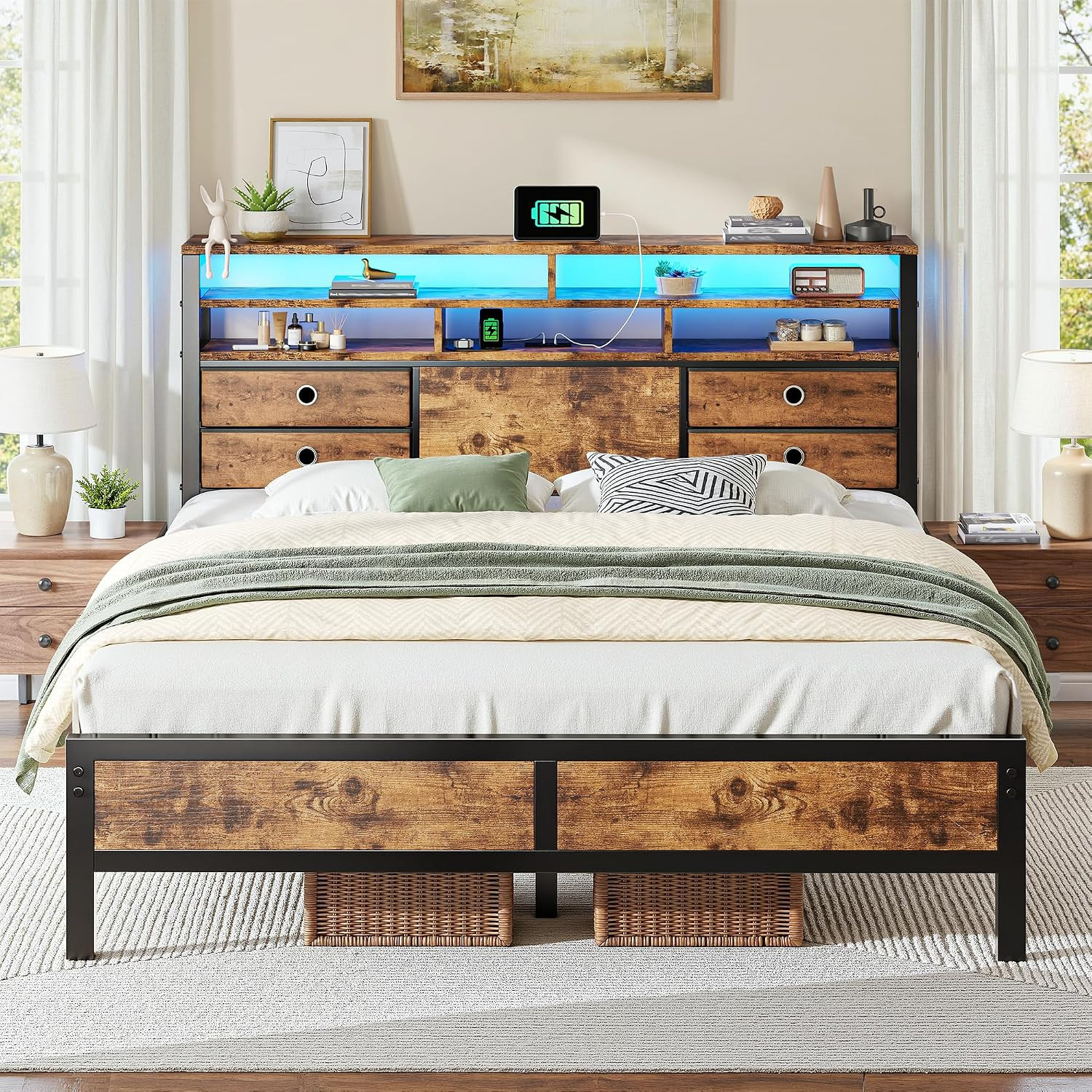 Queen Bed Frame with 4 Drawers, Charge Station & LED Lights, Brown | Storage Hea