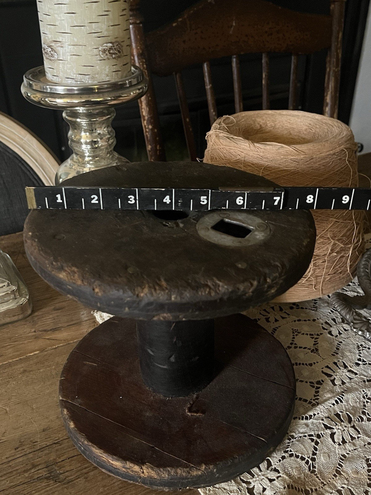 General Store Display DARK Wood Textile Mill Thread Silk Spool Primitive Plinth