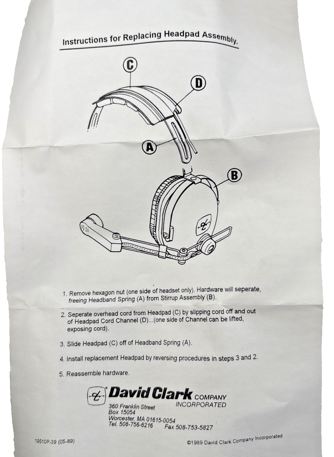 David Clark head pad assembly PN40075G-02 new