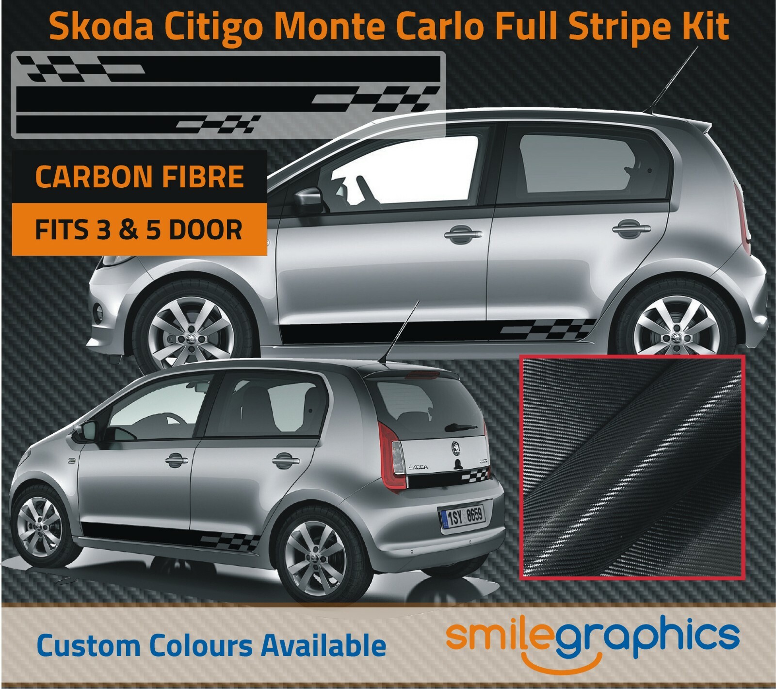Skoda Citigo Monte Carlo Stripes Set Stickers - Avery Black Super Carbon Fibre