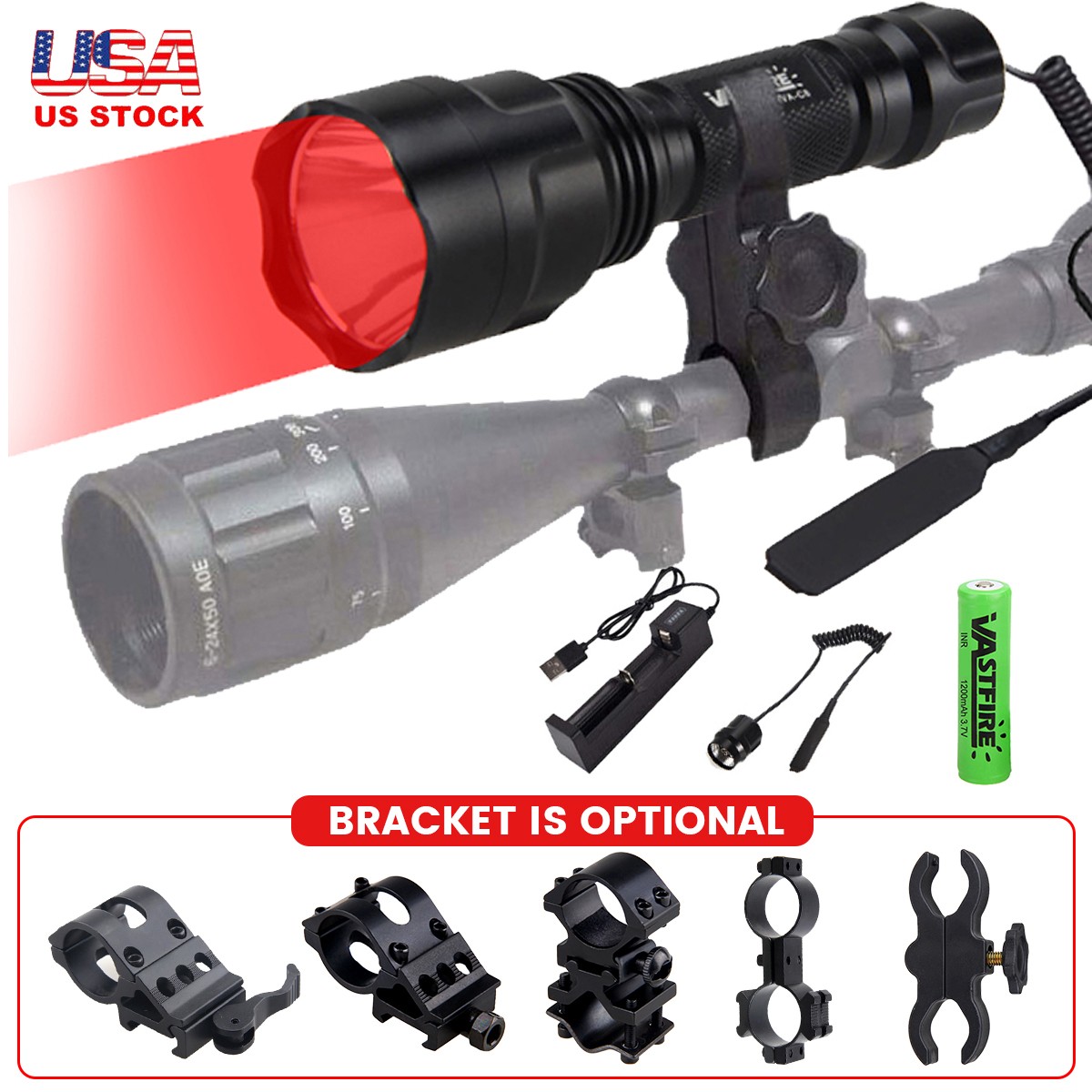 Hunting Red Light LED Flashlight Night Torch 800 Yards Scope Mount / 20mm Rail