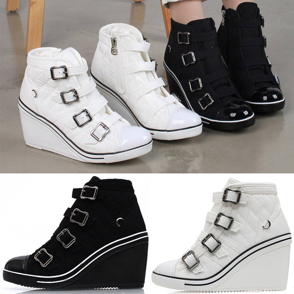epdavin Women's Casual Canvas High Tops High Heel Wedges Shoes Fashion Sneakers