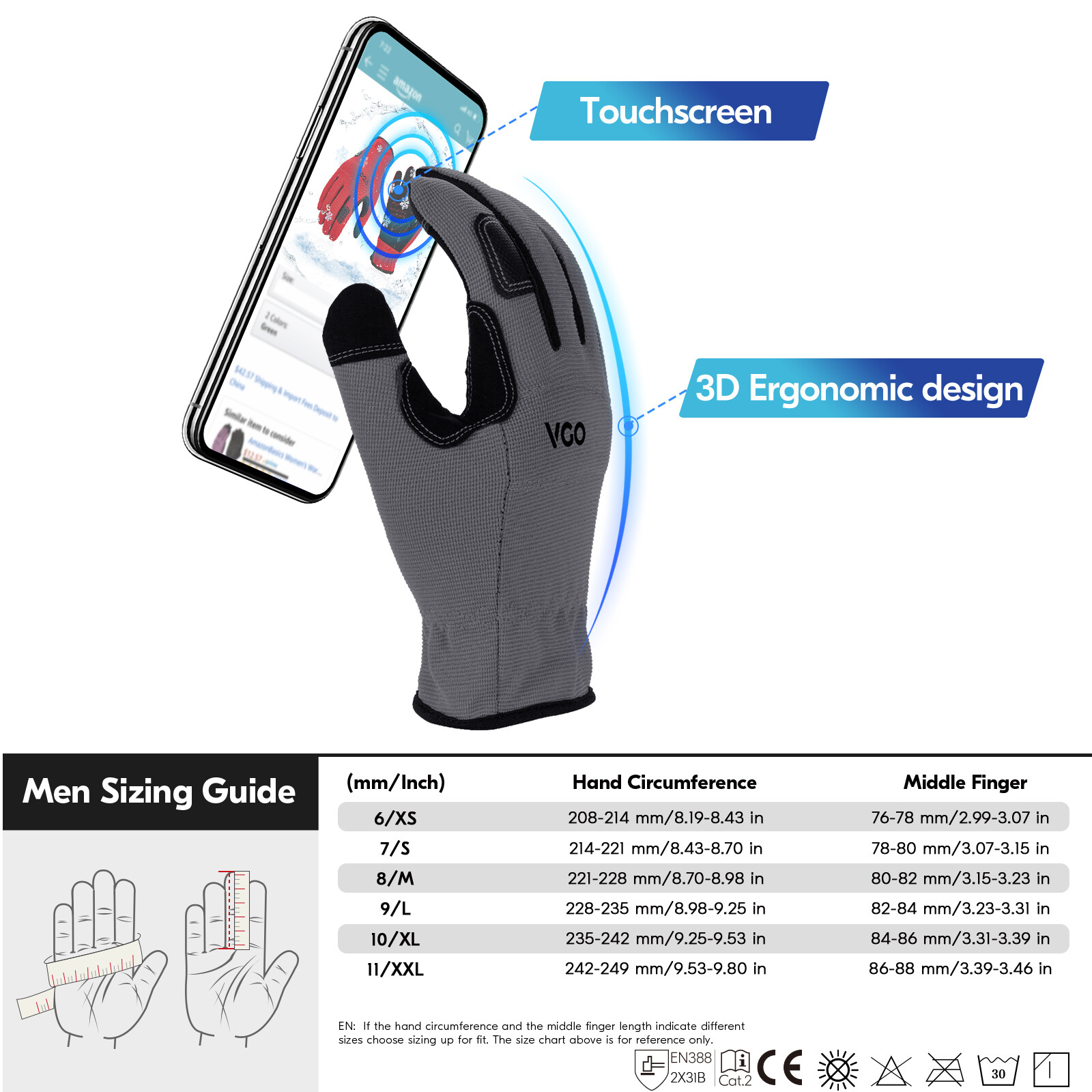 Vgo 1Pair 41℉ Lined Touchscreen Waterproof Winter Work Gloves (NB7581FLWP-GRA)