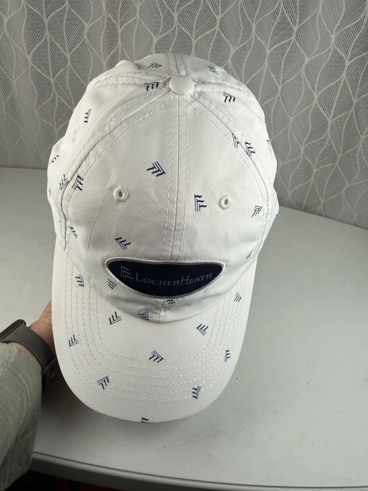 Lochen Health Navy White Patch on White w Navy Flag Logo Hat Cap Hook Loop Lite