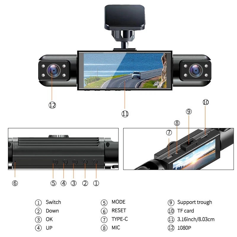 Dash Cam 4-Channel 360° Front Rear Inside DashCam 1080P Car Camera WIFI G-Sensor