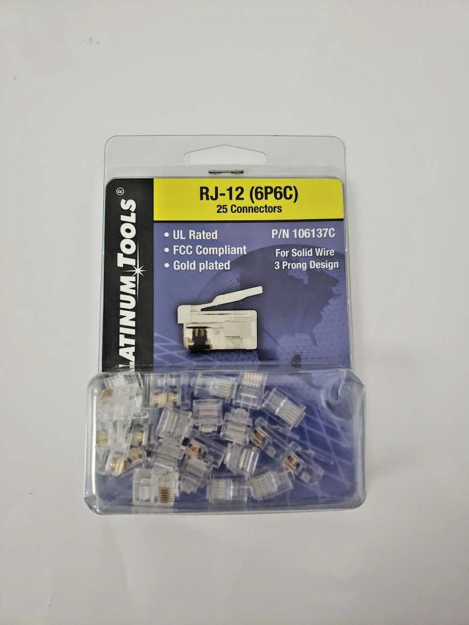 Platinum Tools 106137C RJ12 (6P6C) Round-Solid 3 Prong. 25/Clamshell