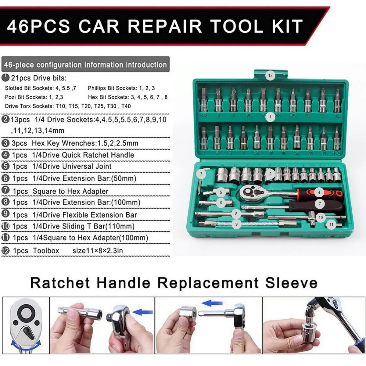 46Pcs Socket Set Car Repair Tool Ratchet Torque Wrench Kit 1/4" Drive with Box