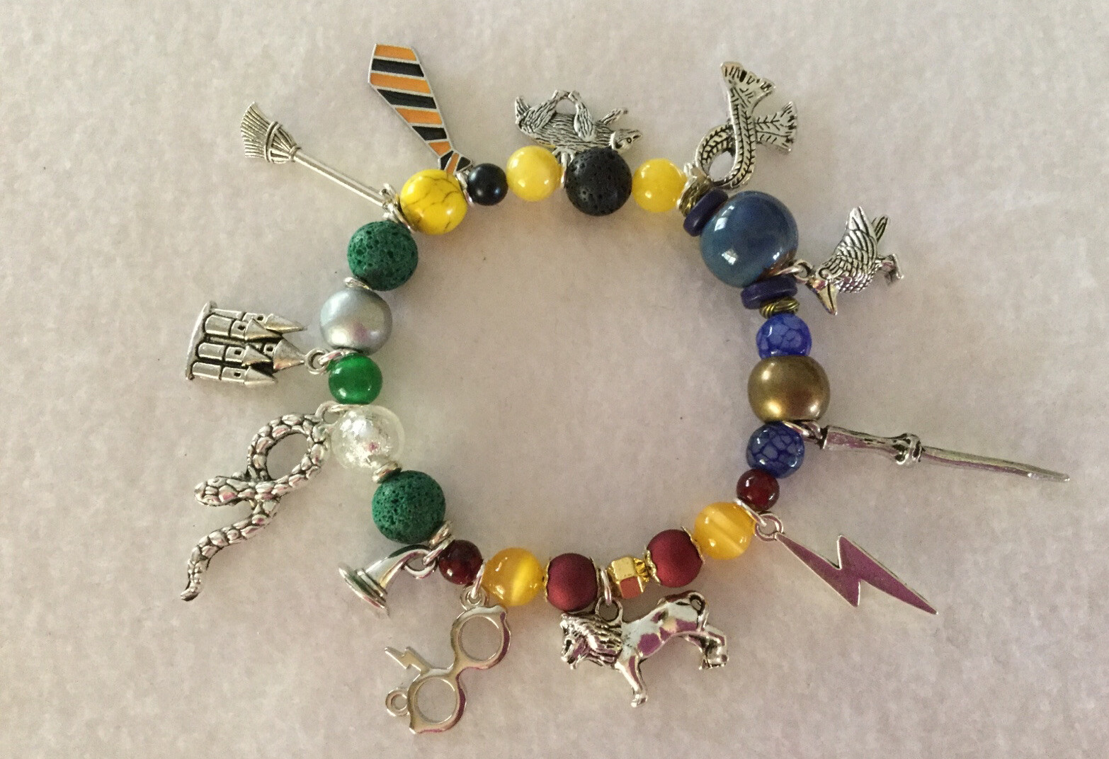 Potter Wizard School All House Gemstone Beaded Stretch Charm Bracelet-12 Charms